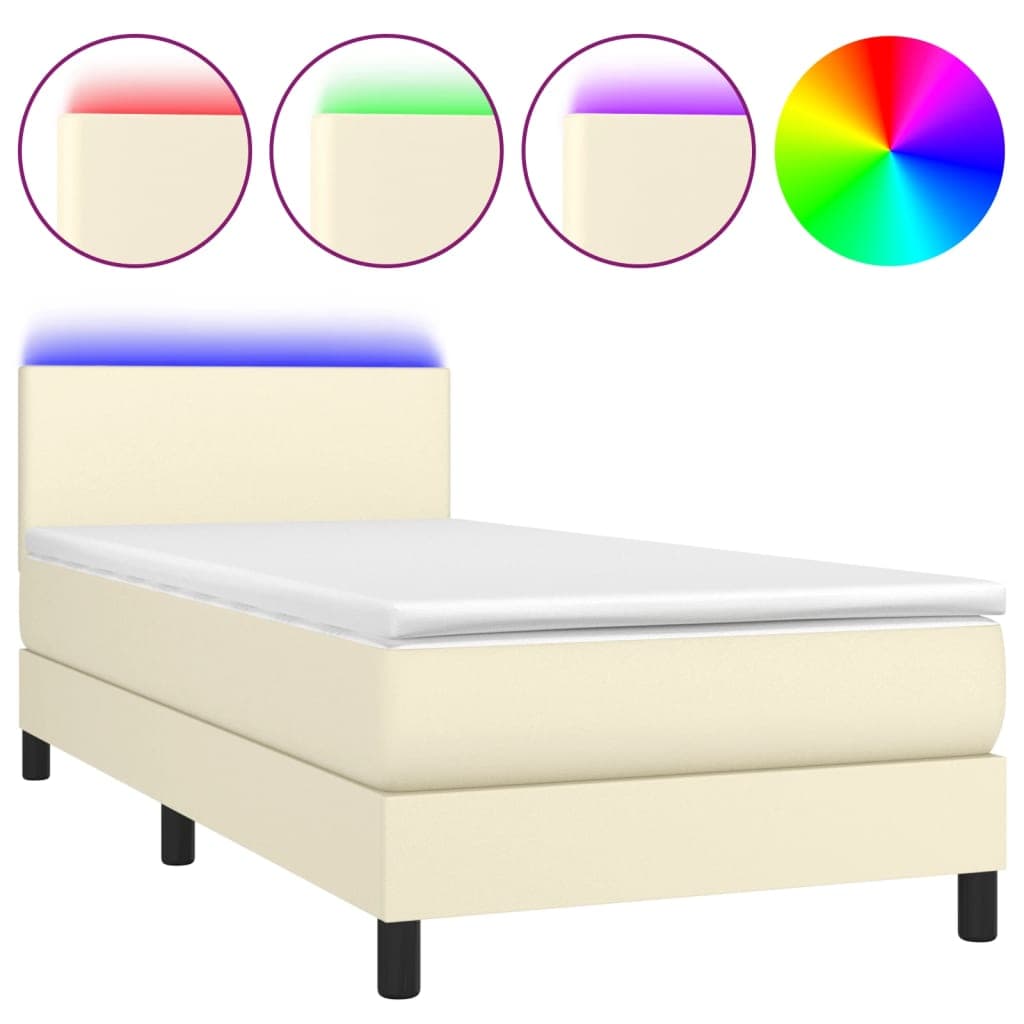 vidaXL Cama Box Spring com Colchão/led 100x200cm Couro Artificial Creme - 3791428116