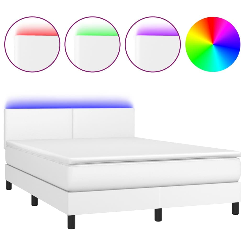 vidaXL Cama box spring c/colchão/LED 140x200cm couro artificial branco
