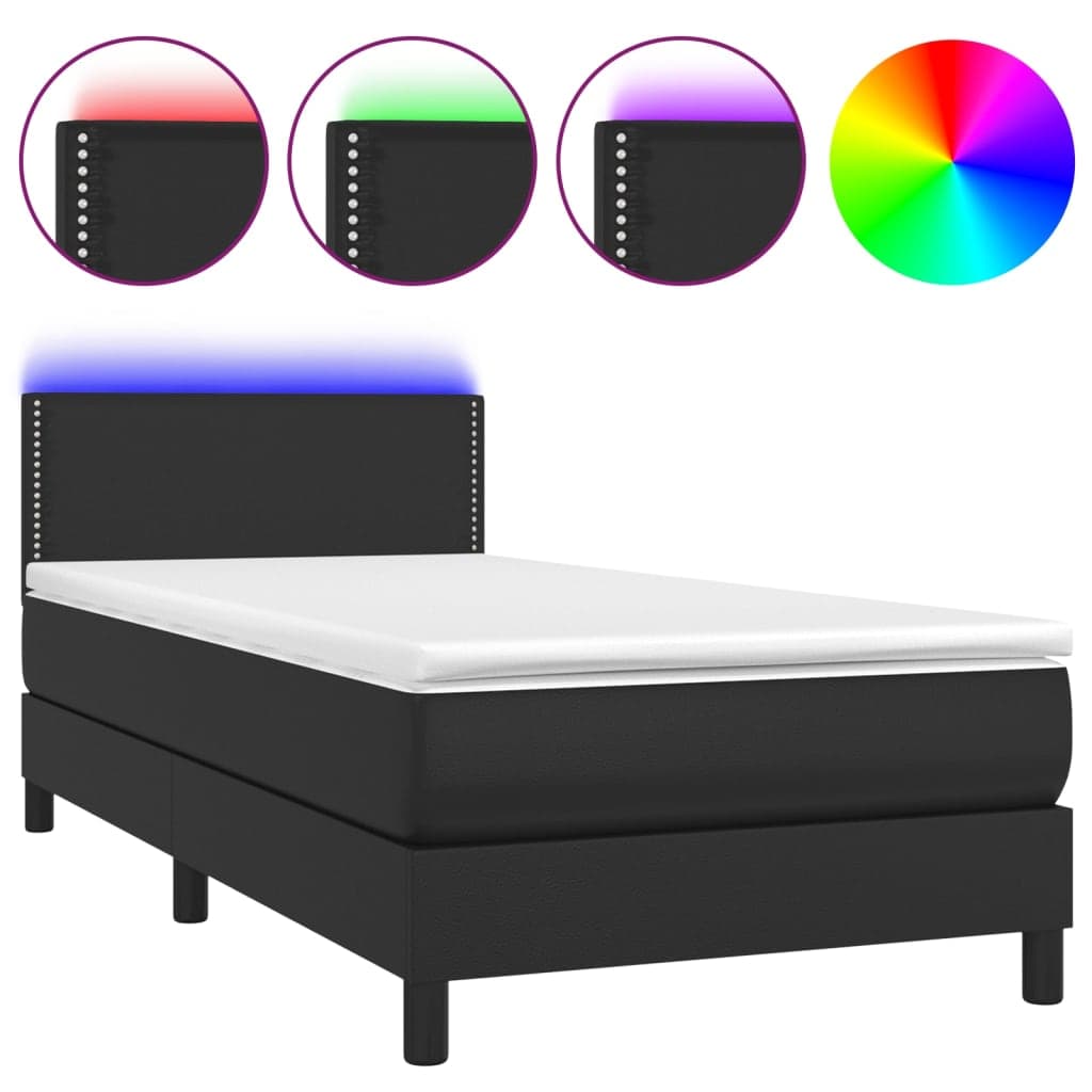 vidaXL Cama Box Spring com Colchão/led 90x190 cm Couro Artificial Preto - 175924675