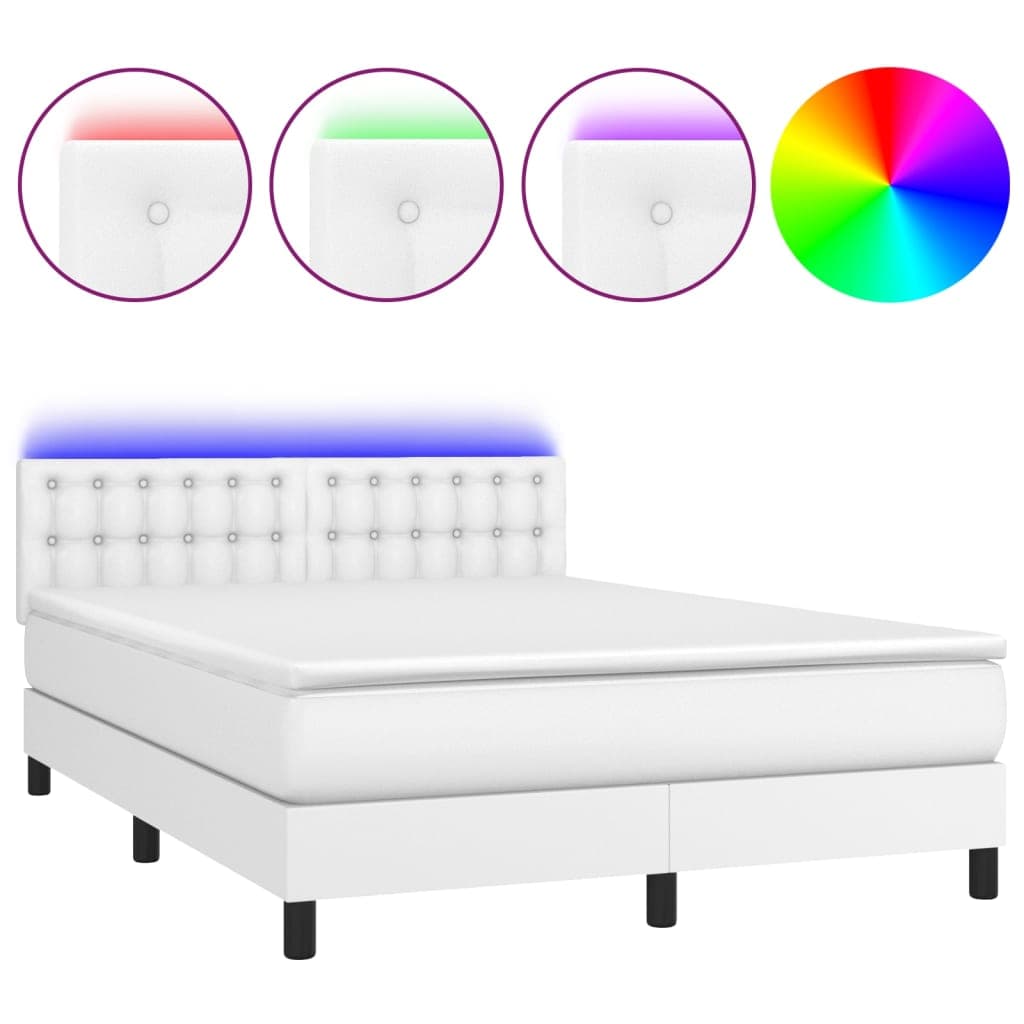 vidaXL Cama box spring c/colchão/LED 140x200cm couro artificial branco
