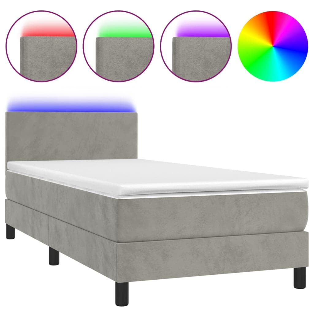 vidaXL Cama box spring c/ colchão/LED 90x200 cm veludo cinzento-claro
