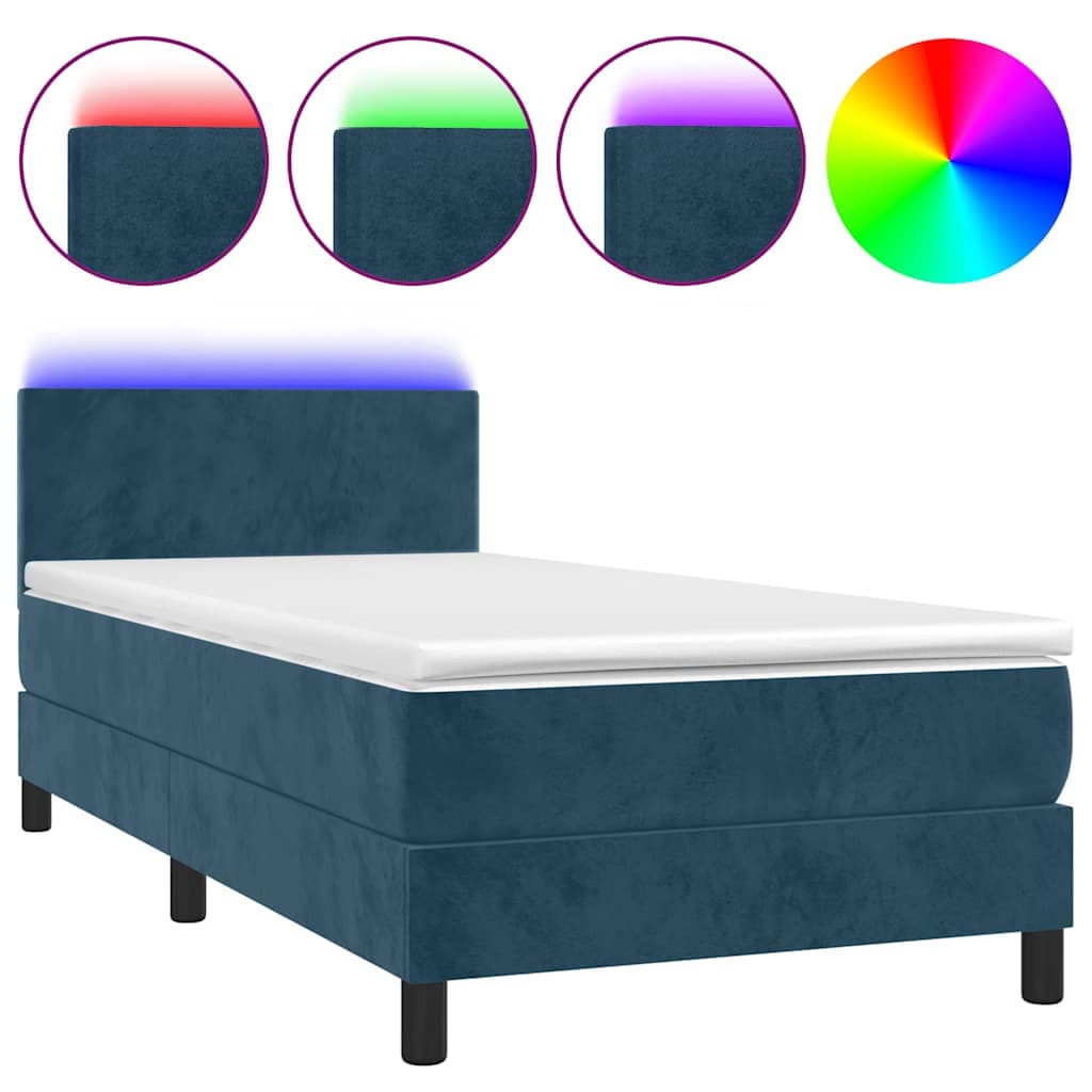 vidaXL Cama Box Spring com Colchão/led 100x200 cm Veludo Azul-escuro - 1799084679