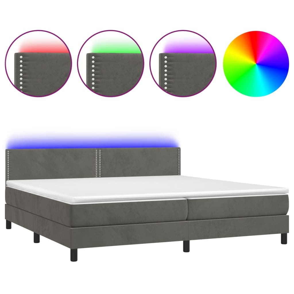 vidaXL Cama box spring c/ colchão/LED 200x200cm veludo cinzento-escuro