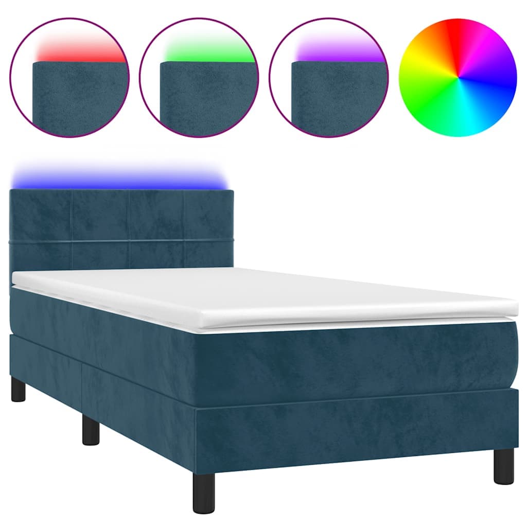 vidaXL Cama Box Spring com Colchão/led 90x190 cm Veludo Azul-escuro - 1679964290