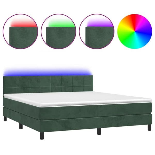 vidaXL Cama Box Spring com Colchão/led 160x200 cm Veludo Verde-escuro - 1233581372