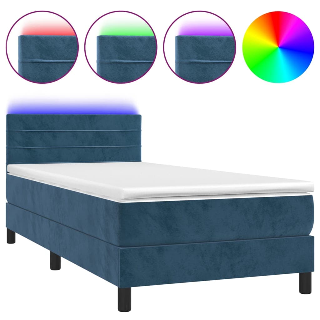 vidaXL Cama box spring c/ colchão/LED 90x200 cm veludo azul-escuro