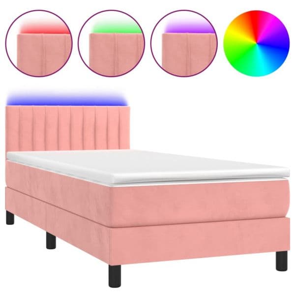 vidaXL Cama Box Spring com Colchão/led 90x190 cm Veludo Rosa - 1446144595