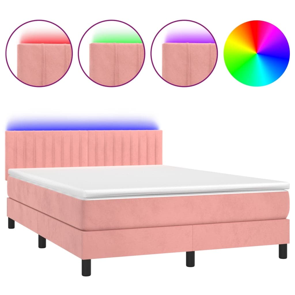 vidaXL Cama Box Spring com Colchão/led 140x200 cm Veludo Rosa - 2099198352