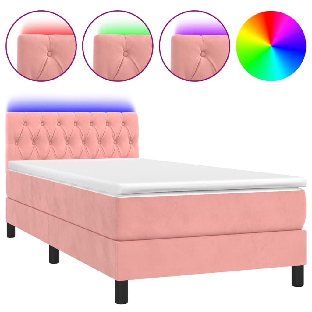 vidaXL Cama box spring c/ colchão/LED 100x200 cm veludo rosa