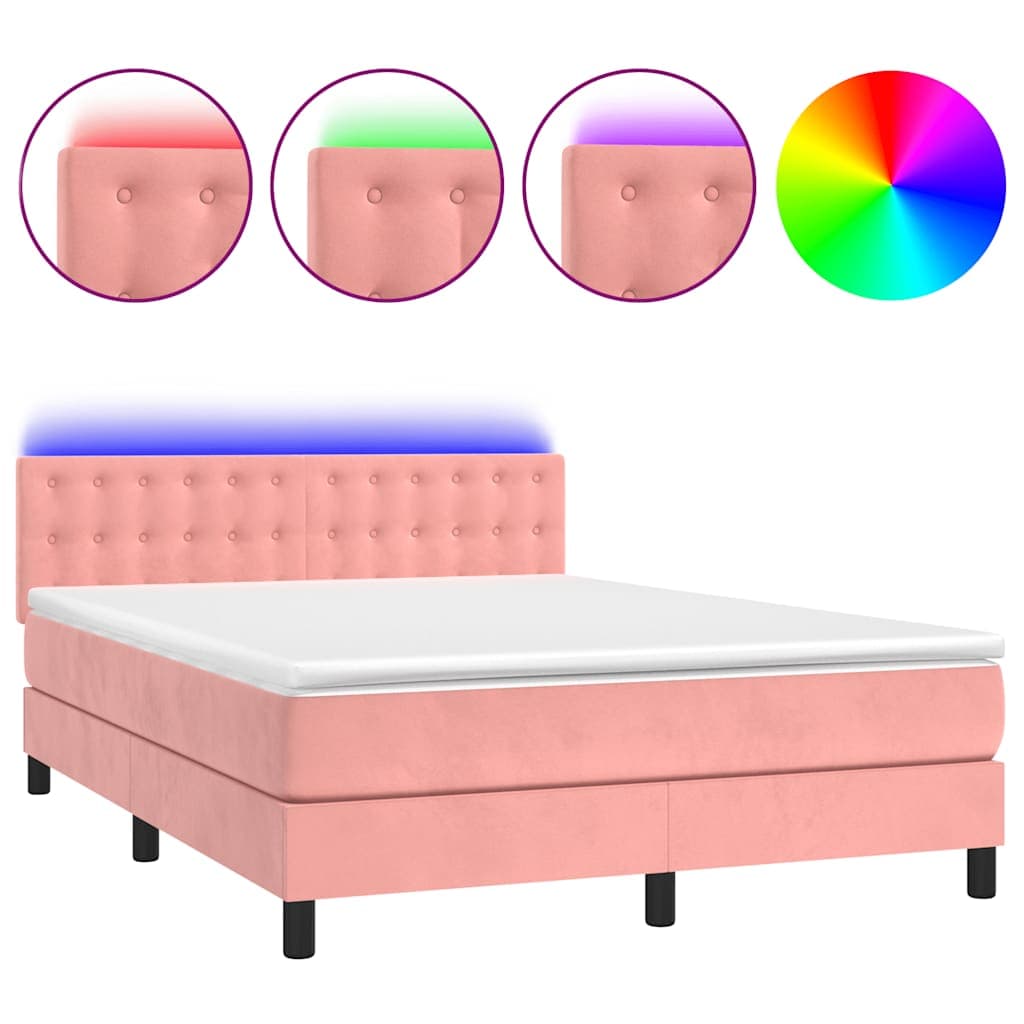 vidaXL Cama box spring c/ colchão/LED 140x190 cm veludo rosa