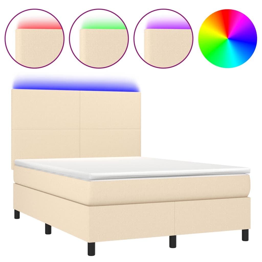 vidaXL Cama Box Spring com Colchão e LED 140x190 cm Tecido Cor Creme - 1270893413