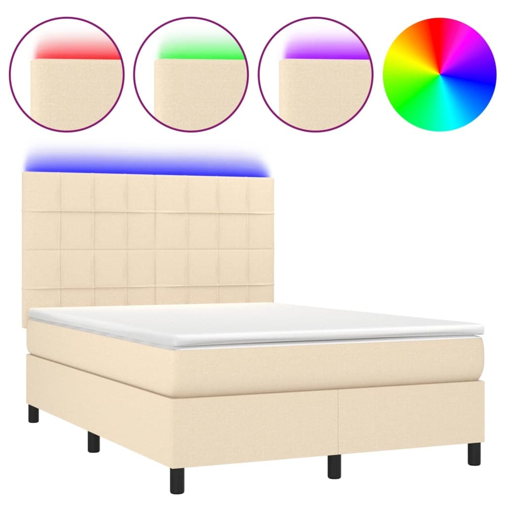 vidaXL Cama box spring c/ colchão e LED 140x190 cm tecido cor creme