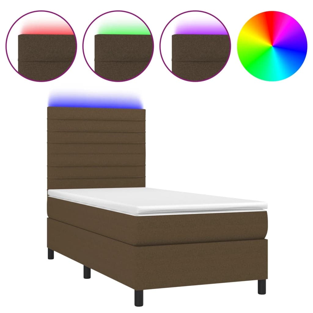 vidaXL Cama box spring c/ colchão/LED 90x190 cm tecido castanho-escuro