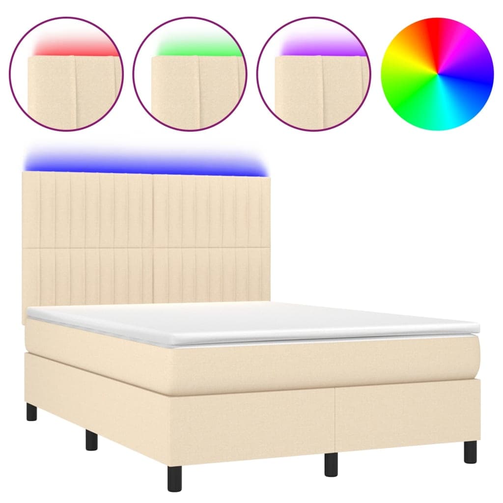 vidaXL Cama box spring c/ colchão e LED 140x190 cm tecido cor creme