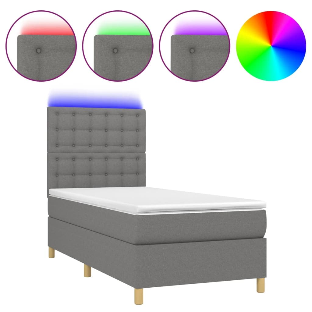 vidaXL Cama box spring c/ colchão e LED 90x200 cm tecido cinza-escuro