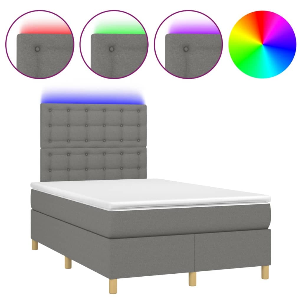 vidaXL Cama box spring c/ colchão e LED 120x200 cm tecido cinza-escuro