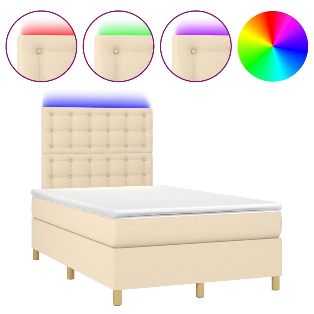 vidaXL Cama box spring c/ colchão e LED 120x200 cm tecido cor creme