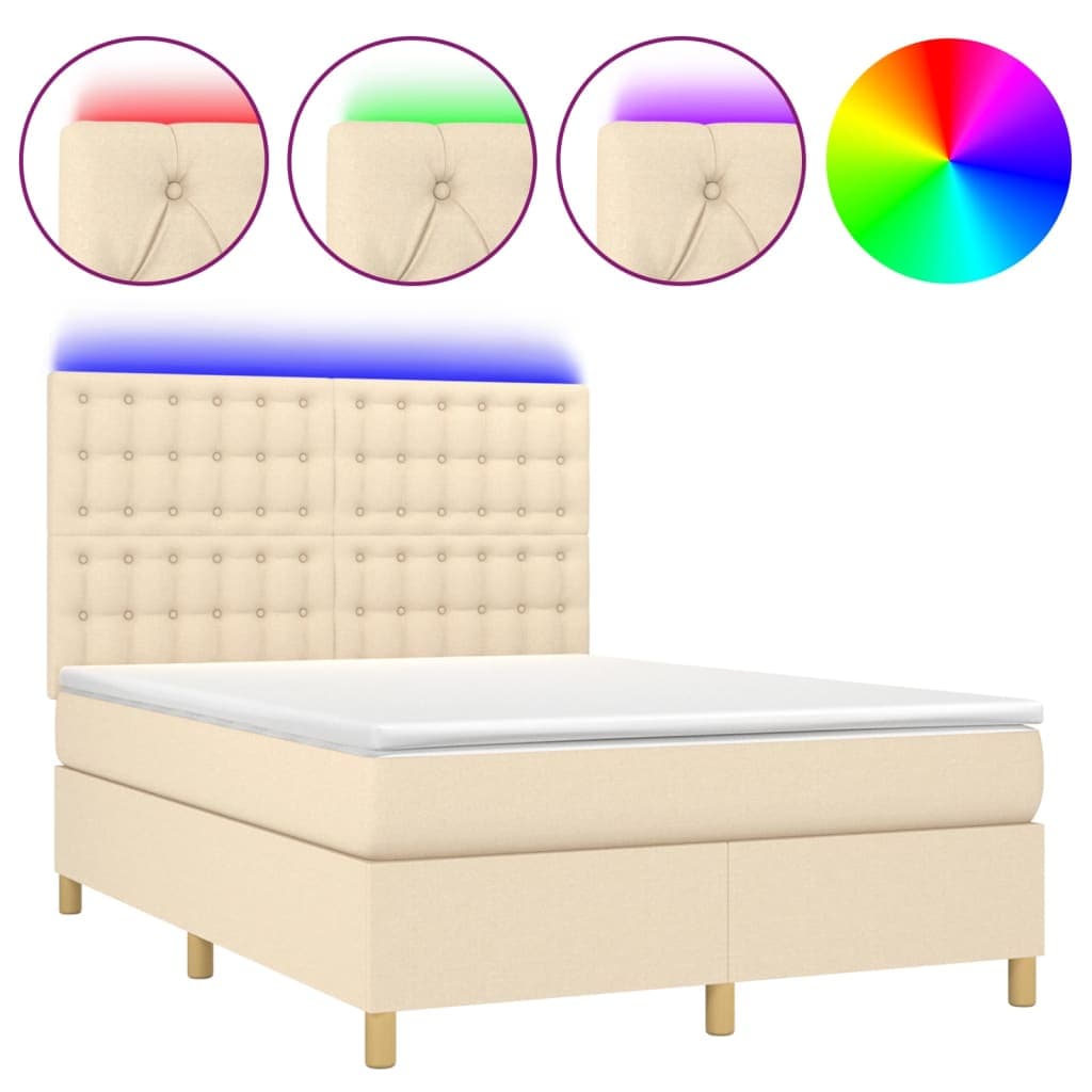 vidaXL Cama box spring c/ colchão e LED 140x190 cm tecido cor creme
