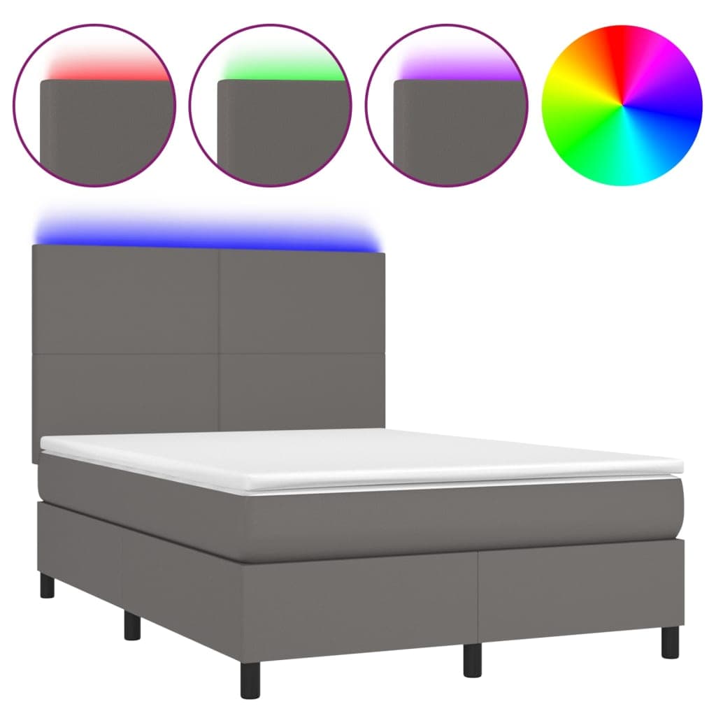 vidaXL Cama Box Spring com Colchão/led 140x200cm Couro Artificial Cinza - 2914796611