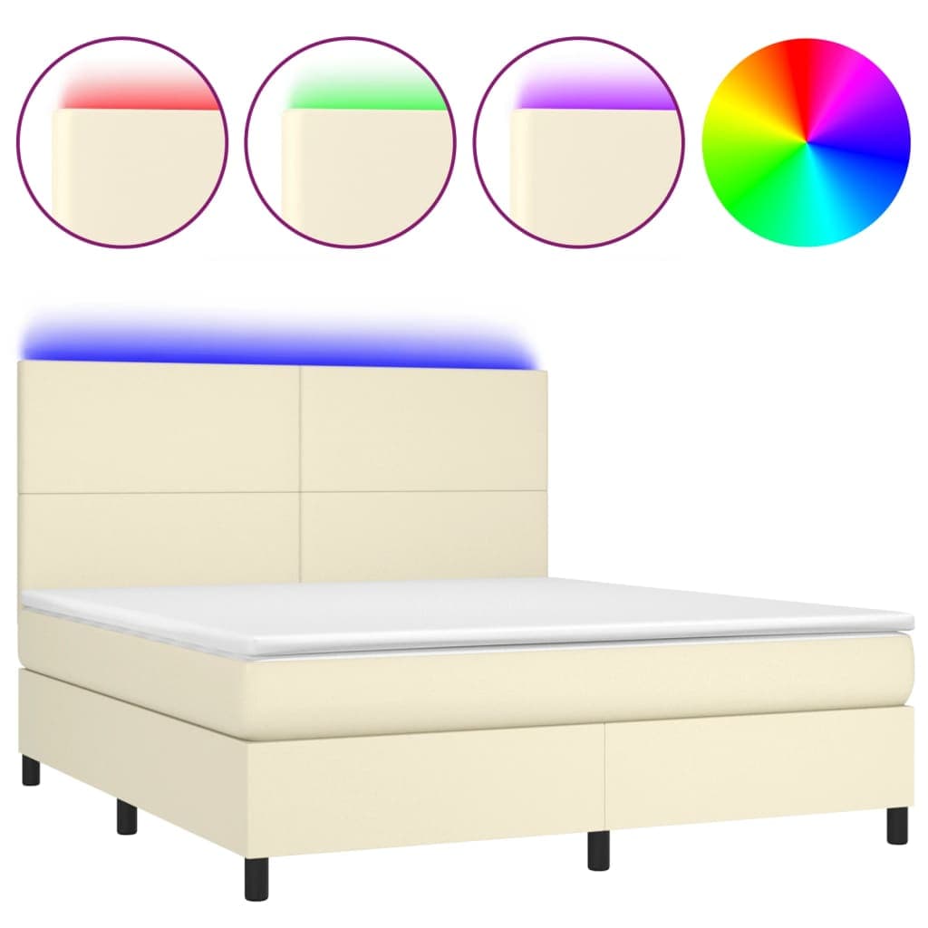 vidaXL Cama box spring c/ colchão/LED 180x200cm couro artificial creme