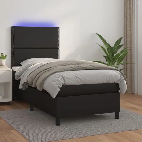 vidaXL Cama Box Spring com Colchão/led 90x200 cm Couro Artificial Preto - 3339389301
