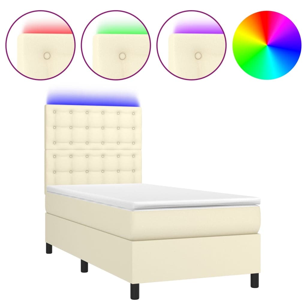 vidaXL Cama box spring c/ colchão/LED 80x200 cm couro artificial creme