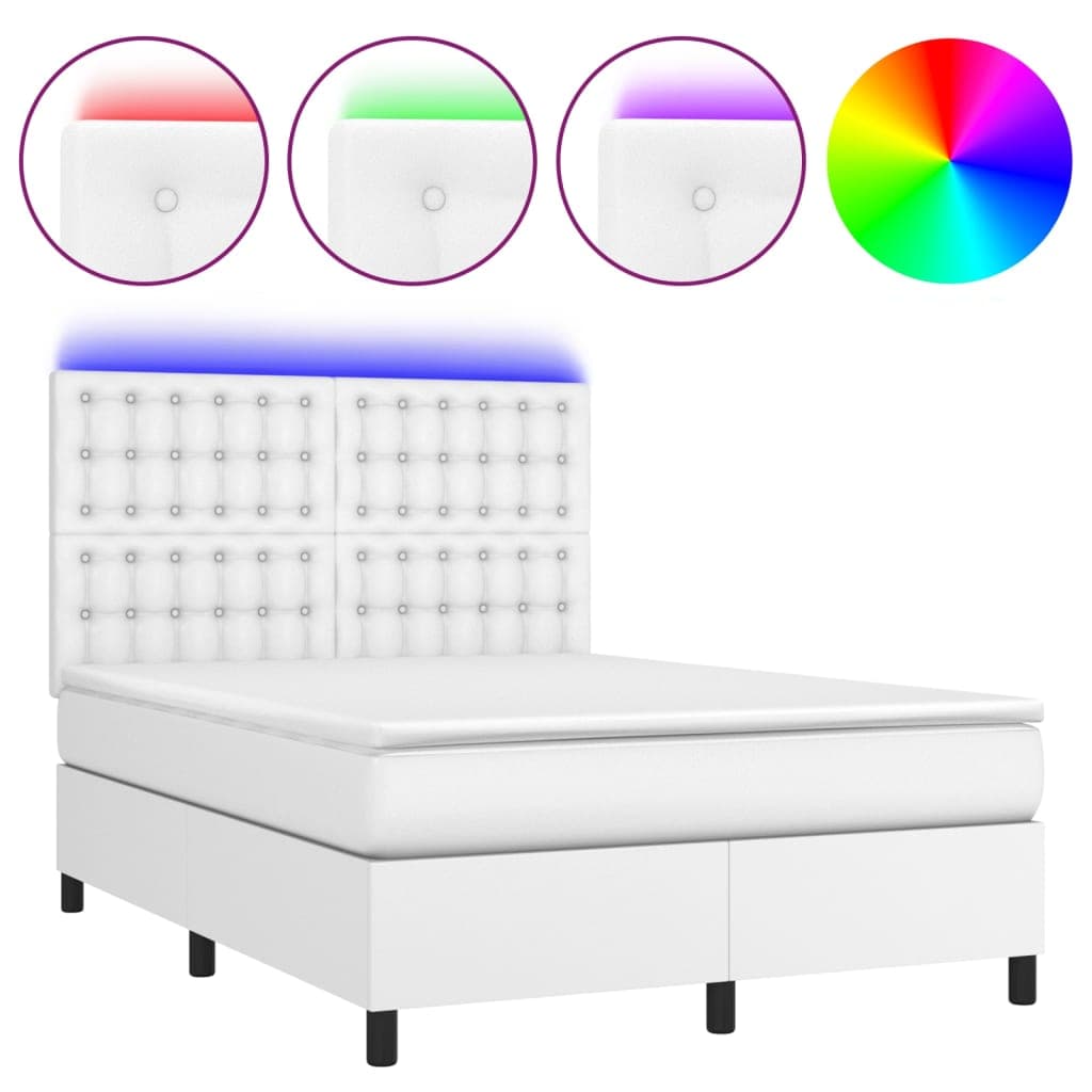 vidaXL Cama box spring c/colchão/LED 140x190cm couro artificial branco