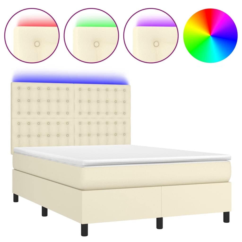 vidaXL Cama box spring c/ colchão/LED 140x200cm couro artificial creme