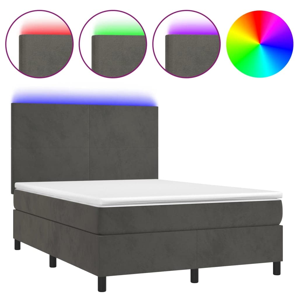 vidaXL Cama box spring c/ colchão/LED 140x190cm veludo cinzento-escuro