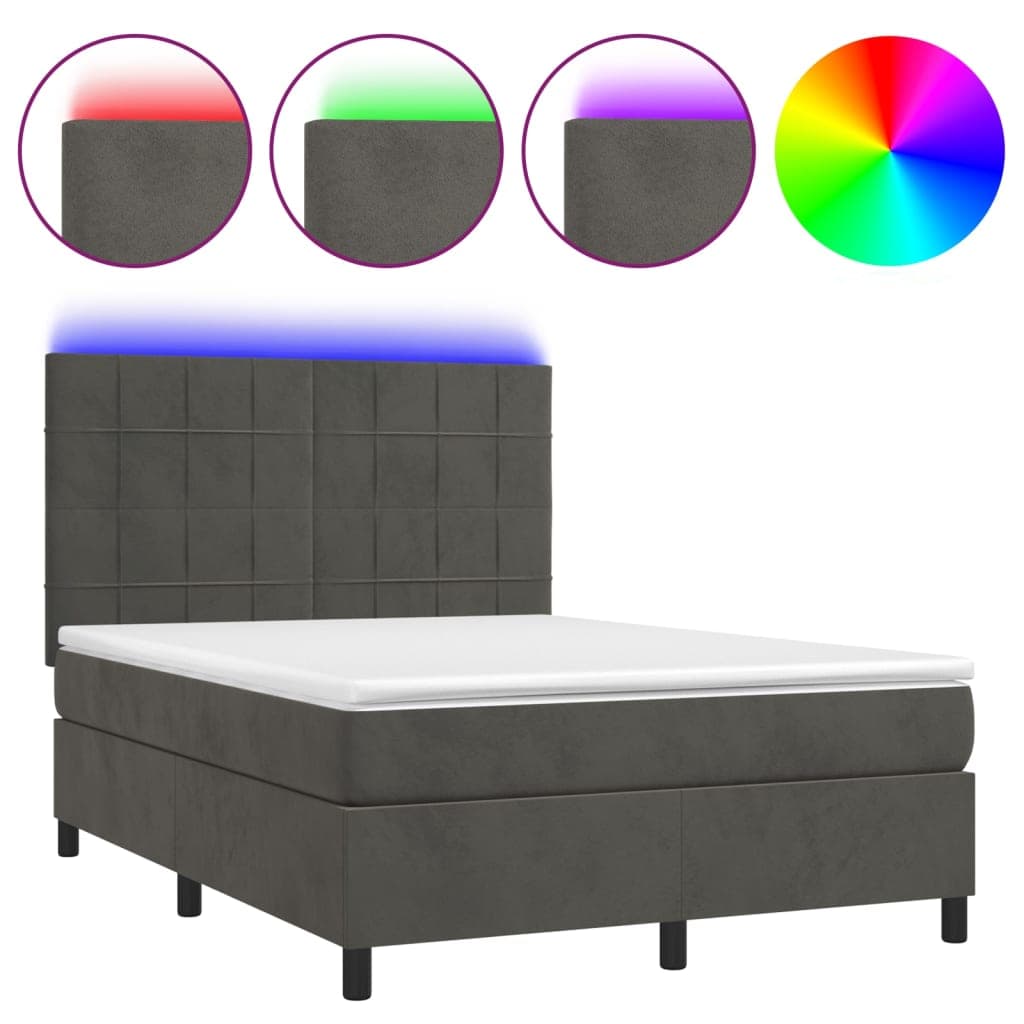 vidaXL Cama box spring c/ colchão/LED 140x200cm veludo cinzento-escuro
