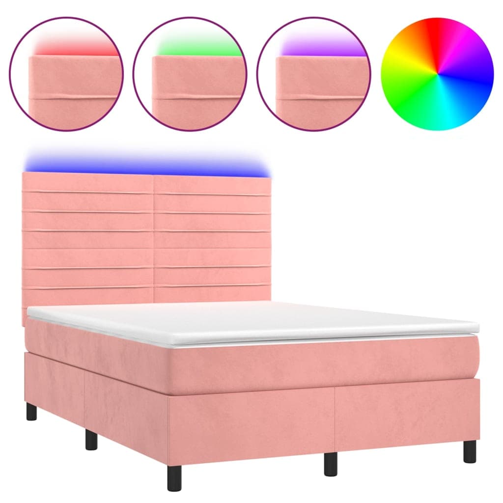 vidaXL Cama box spring c/ colchão/LED 140x190 cm veludo rosa