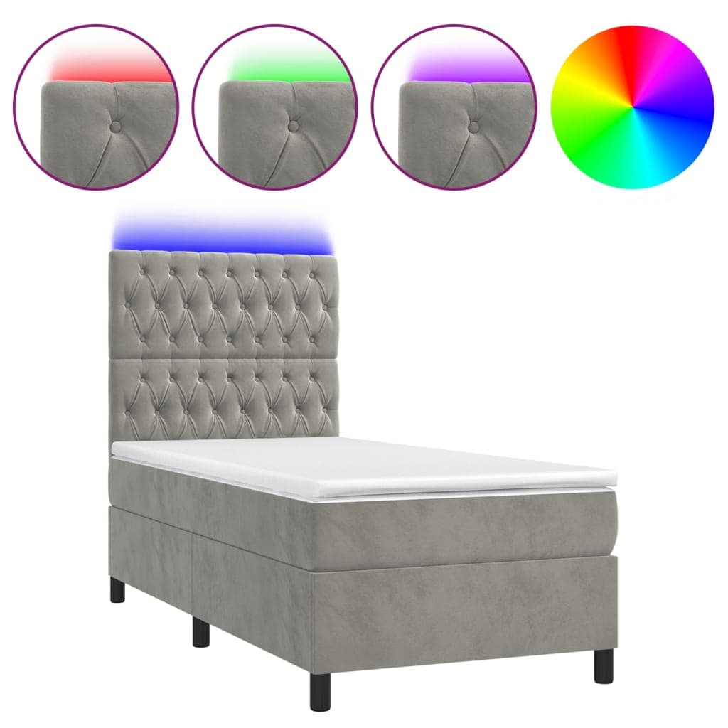 vidaXL Cama box spring c/ colchão/LED 90x200 cm veludo cinzento-claro