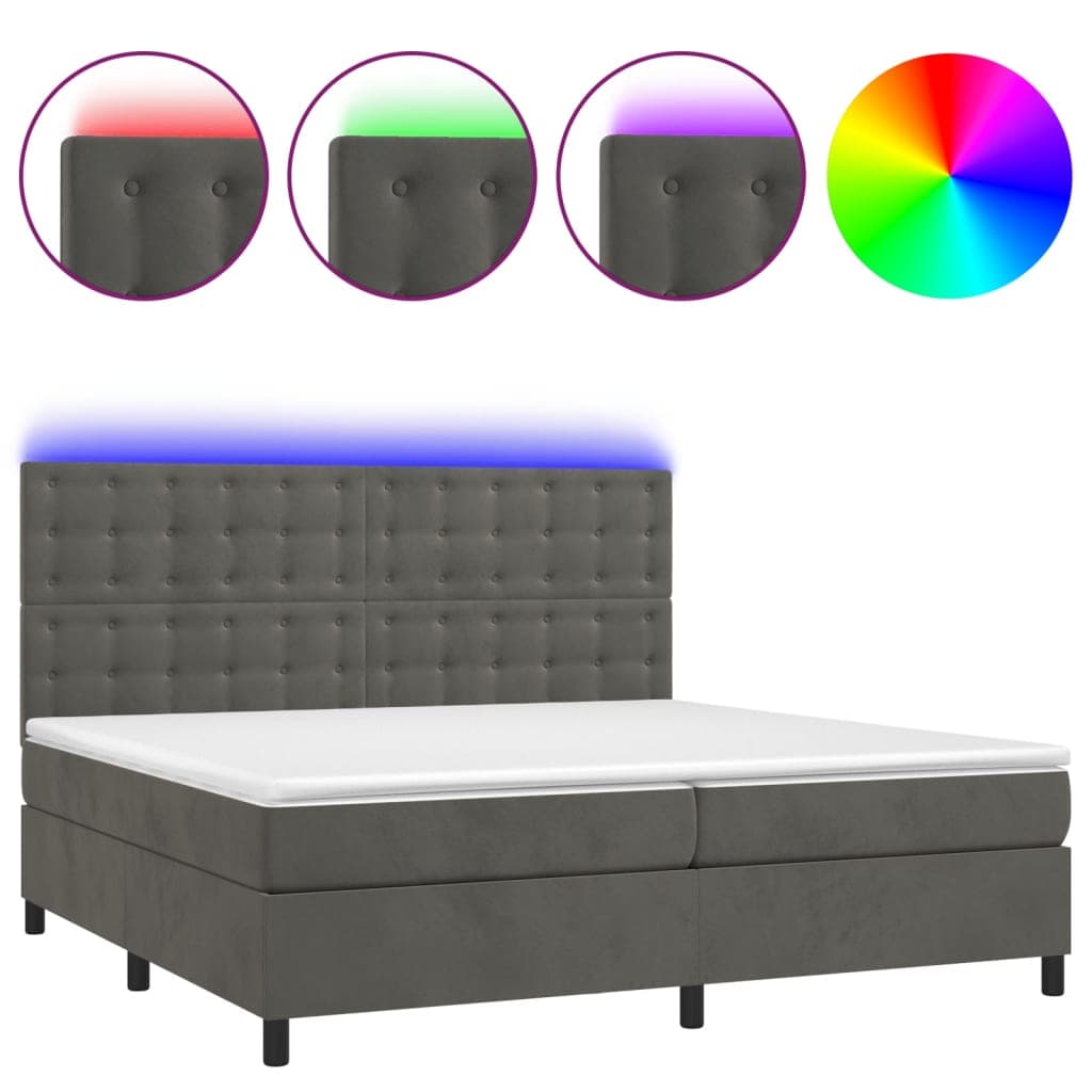 vidaXL Cama box spring c/ colchão/LED 200x200cm veludo cinzento-escuro