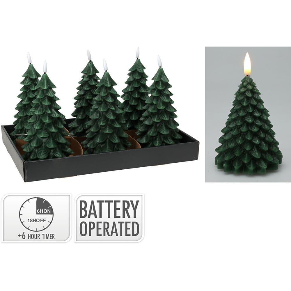 VELA LED EFEITO CHAMA COM FORMA DE PINHEIRO, VERDE ESCURO, 19CM.