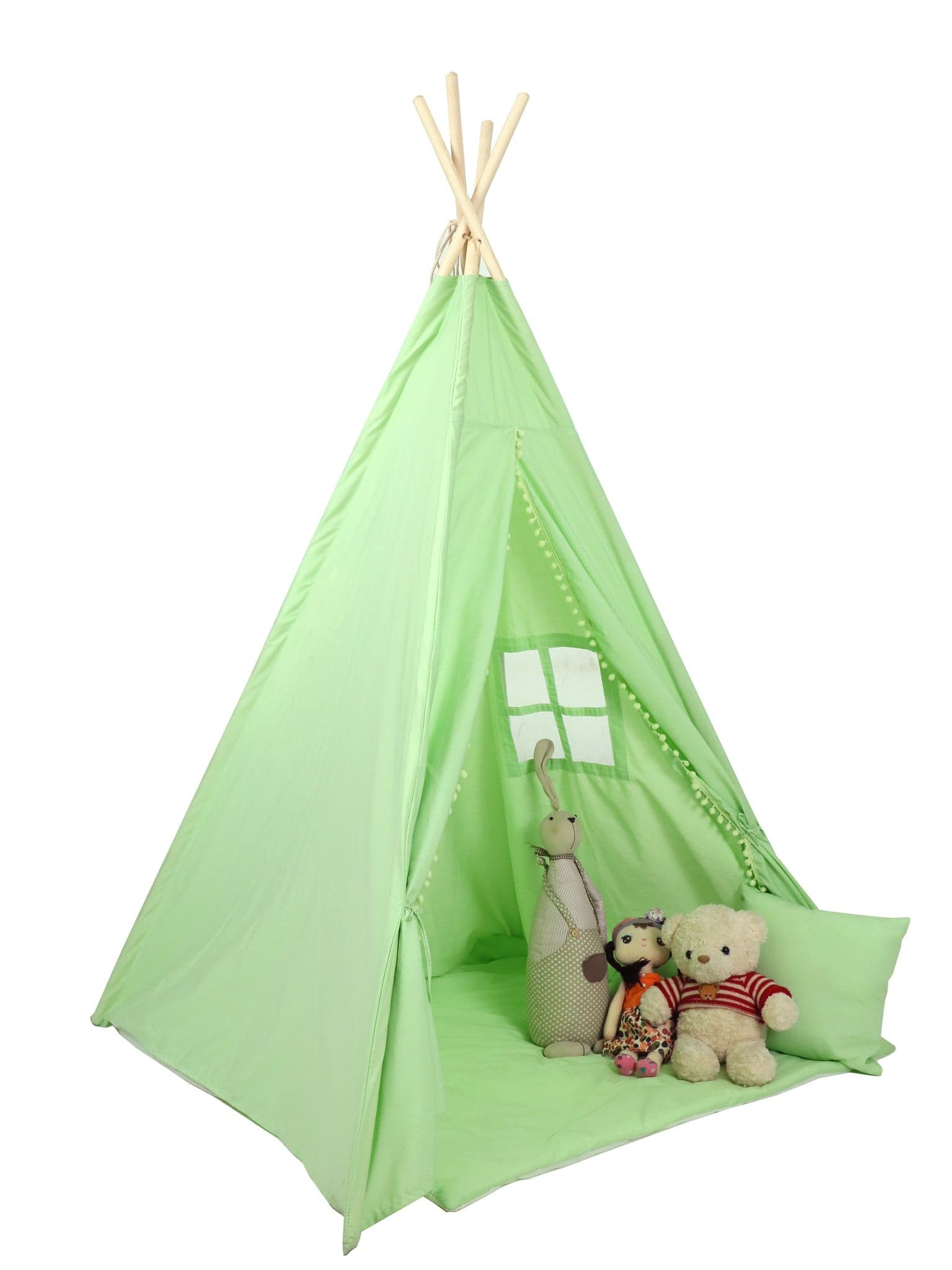 Tenda tipi infantil com tapete e almofadas verde