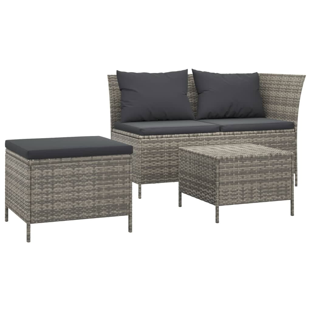 vidaXL 3 pcs conjunto lounge de jardim c/ almofadões vime PE cinzento