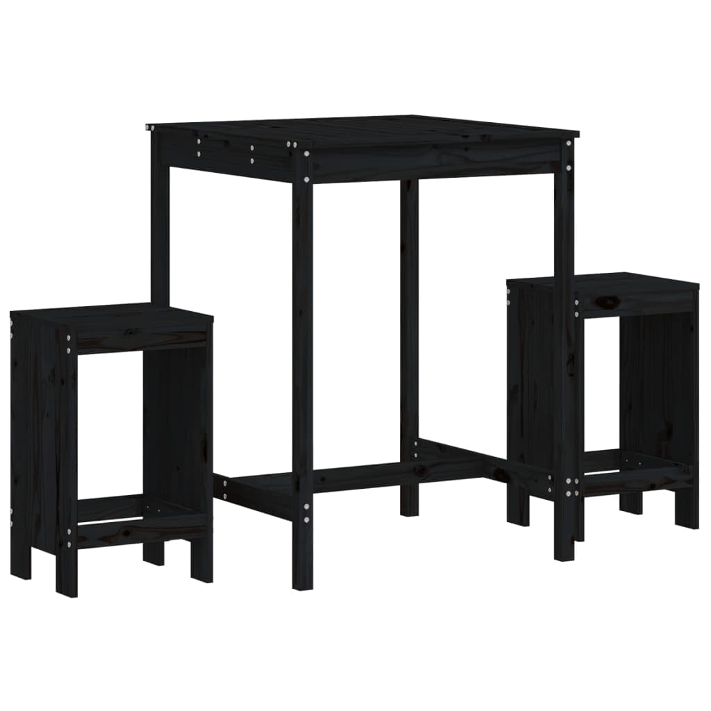 vidaXL 3 Peças Conjunto de Bar para Jardim Pinho Maciço Preto - 2097816083