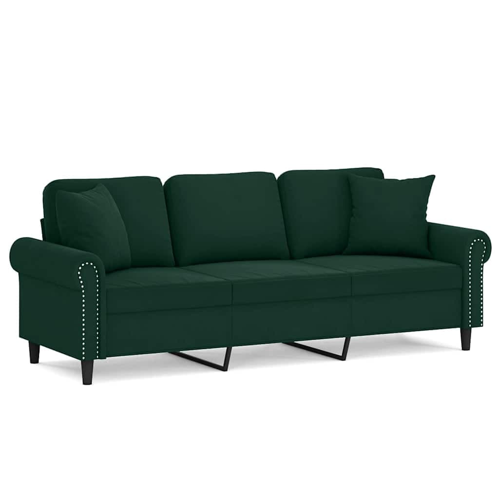 vidaXL Sofá 3 lug. c/ almofadas decorativas 180 cm veludo verde-escuro