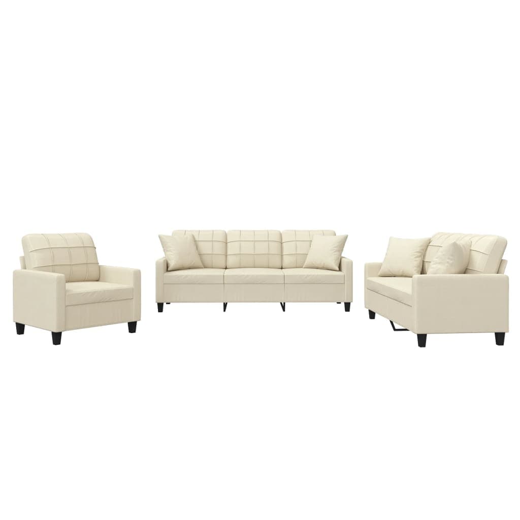 vidaXL 3 pcs conjunto de sofás com almofadas couro artificial creme