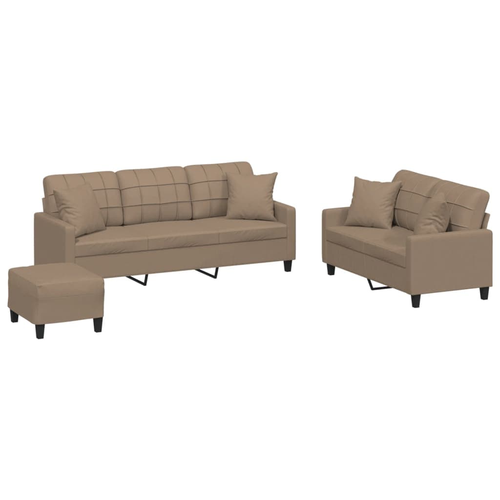 vidaXL 3 pcs conjunto sofás c/ almofadas couro artificial cappuccino