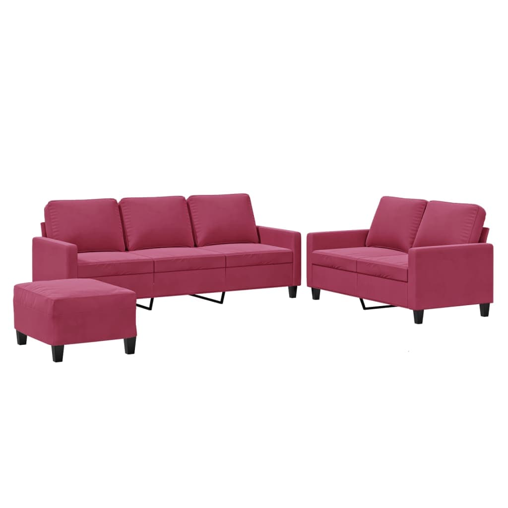 vidaXL 3 pcs conjunto de sofás com almofadões veludo vermelho tinto