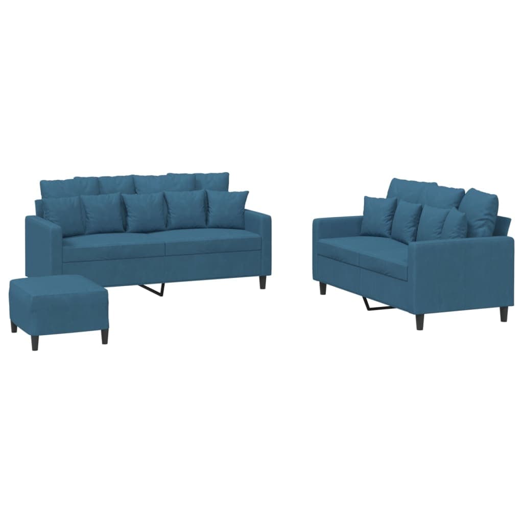 vidaXL 3 pcs conjunto de sofás com almofadões veludo azul