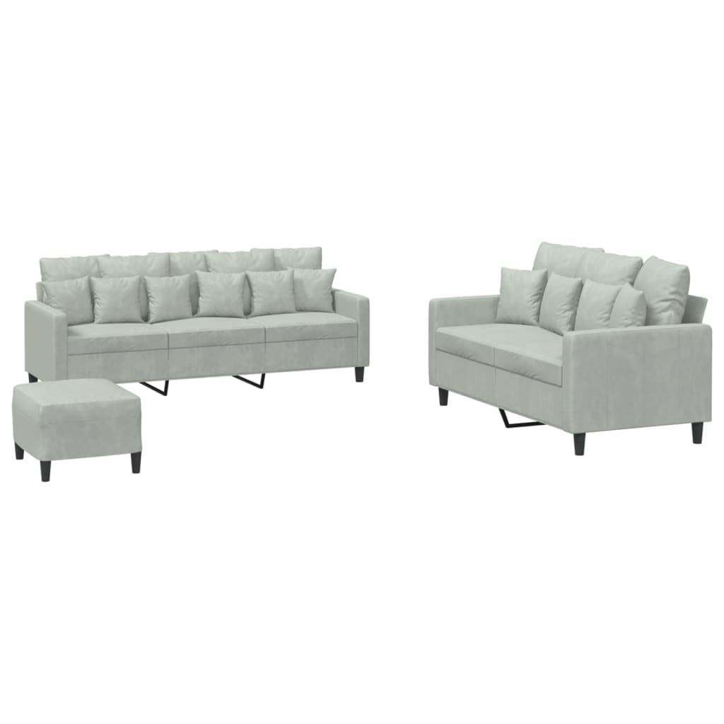 vidaXL 3 pcs conjunto de sofás com almofadões veludo cinzento-claro