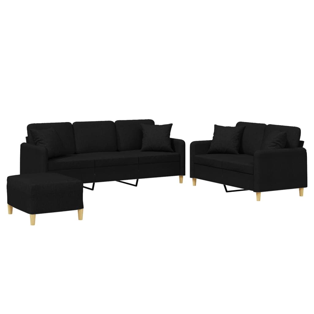 vidaXL 3 pcs conjunto de sofás com almofadas tecido preto