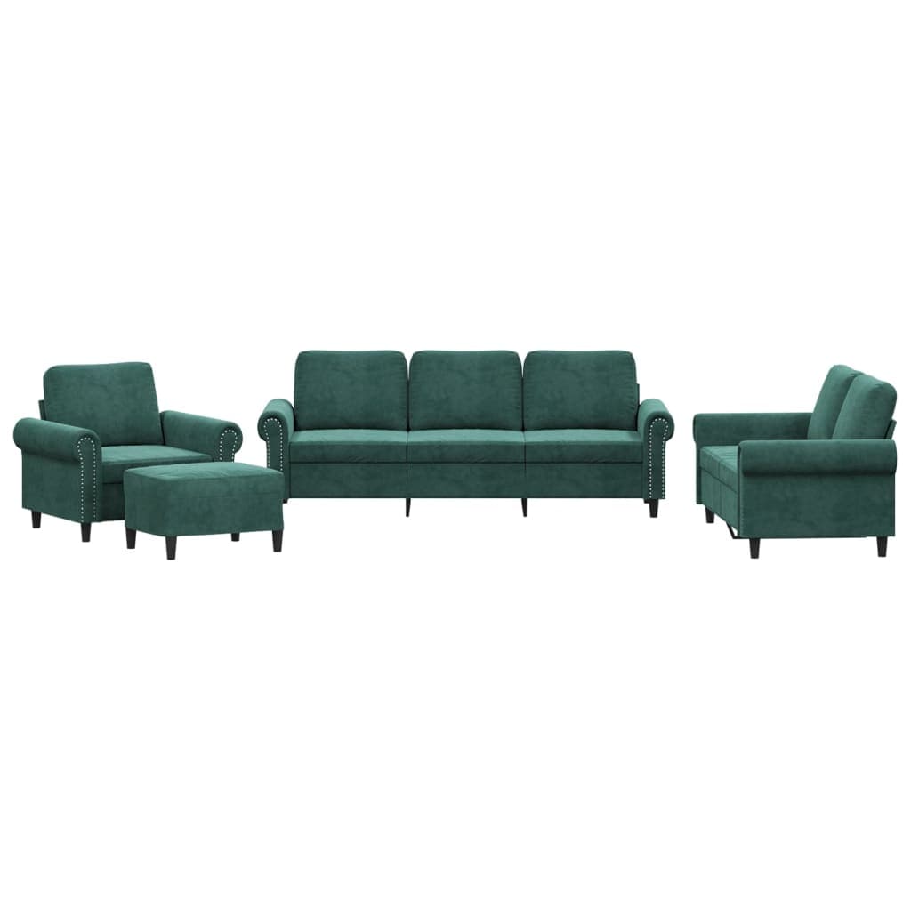 vidaXL 4 pcs conjunto de sofás com almofadões veludo verde-escuro