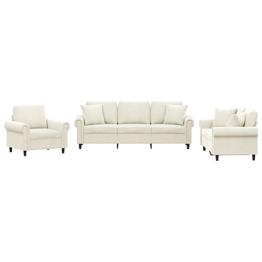 vidaXL 3 pcs conjunto de sofás com almofadas veludo cor creme