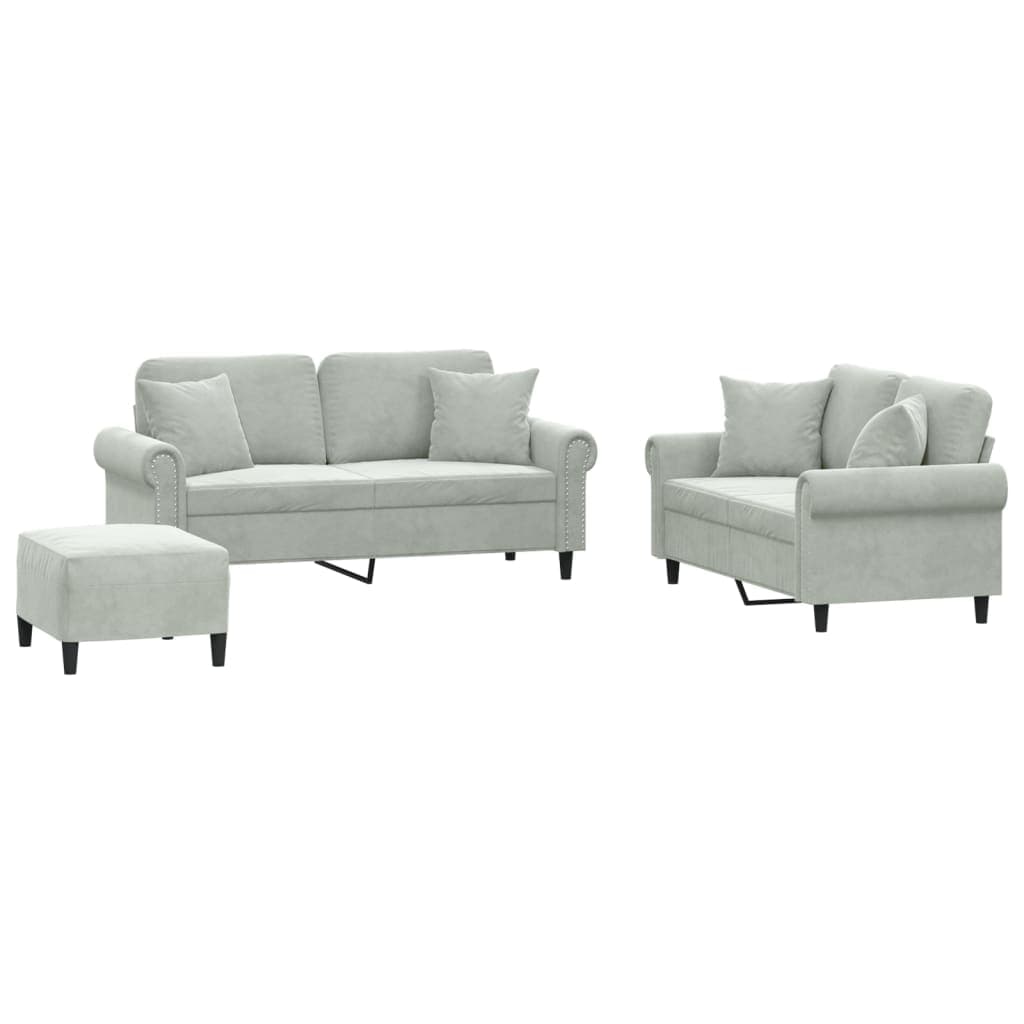 vidaXL 3 pcs conjunto de sofás com almofadas veludo cinzento-claro
