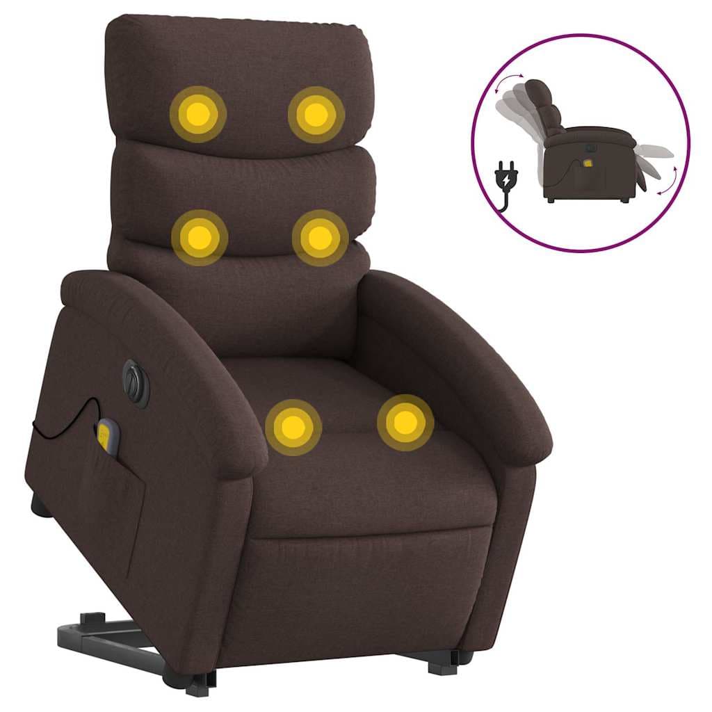 vidaXL Poltrona elétrica elevatória massagens tecido castanho-escuro