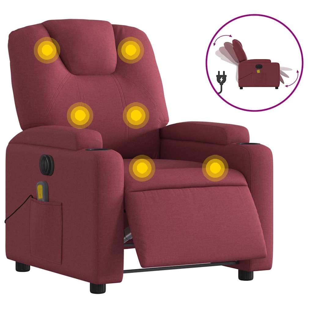 vidaXL Poltrona reclinável de massagens elétrica tecido vermelho tinto