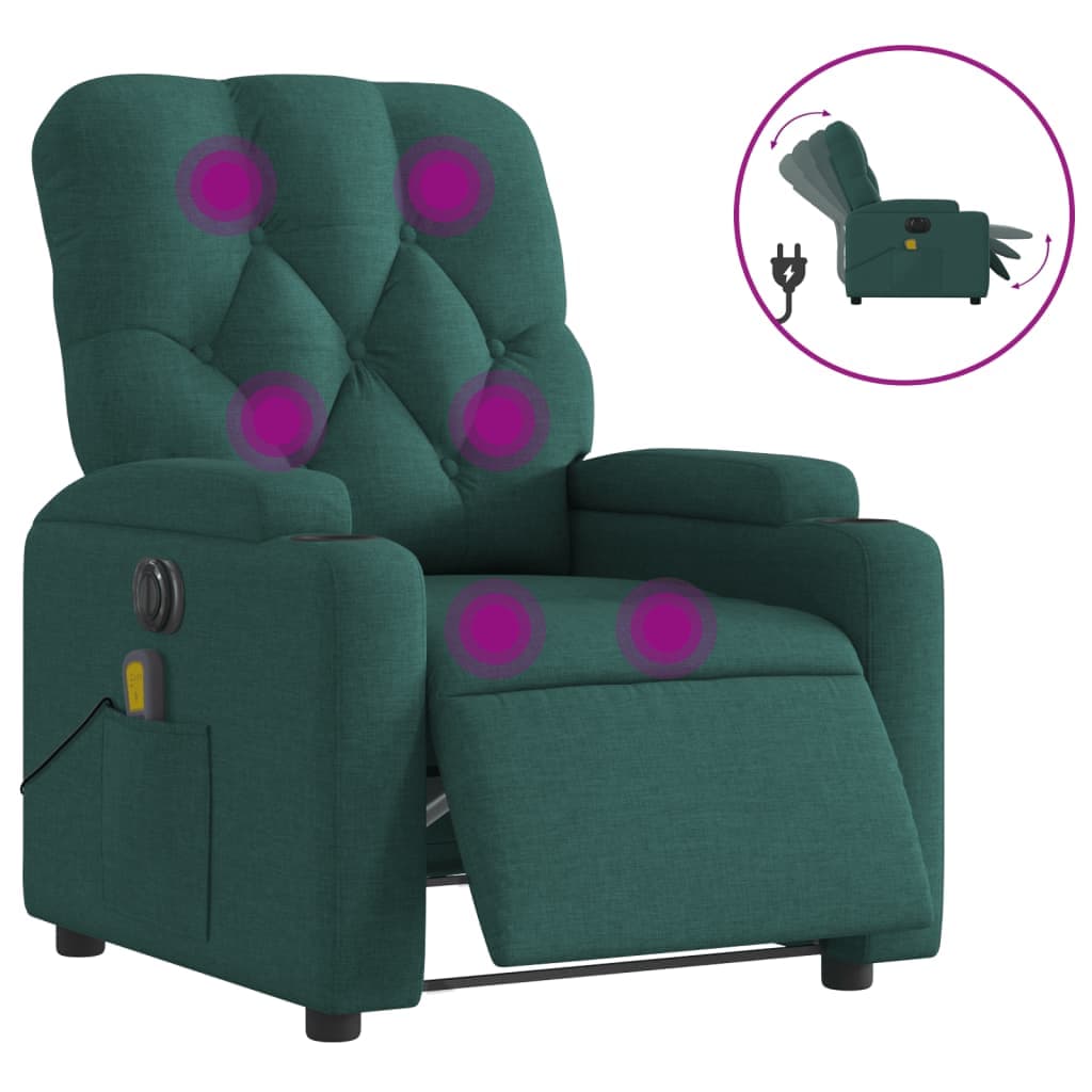 vidaXL Poltrona reclinável de massagens elétrica tecido verde-escuro